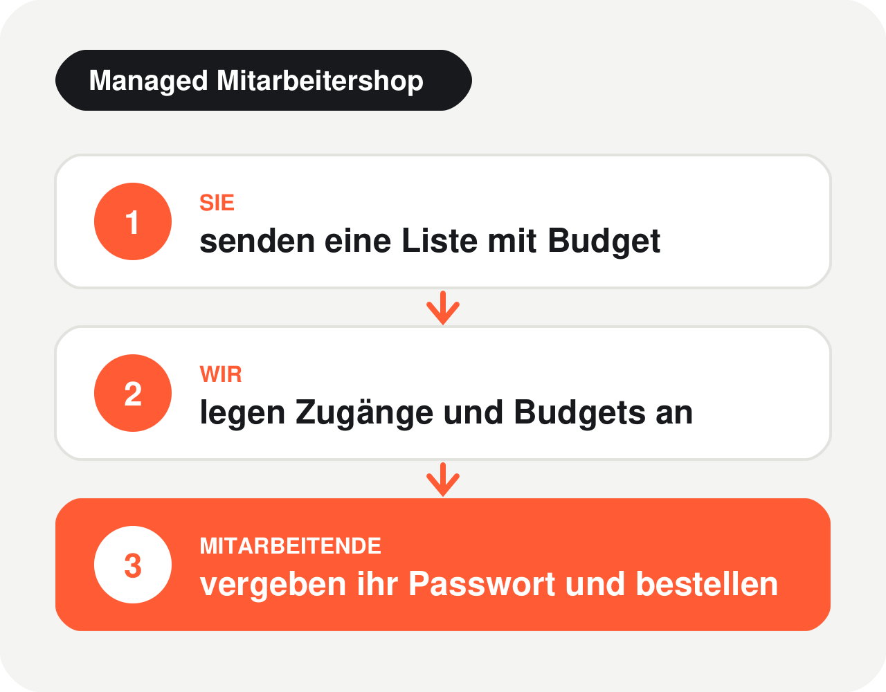 Ablauf Managed Mitarbeitershop: Liste mit Budget senden, Zugänge anlegen, Passwort vergeben und bestellen