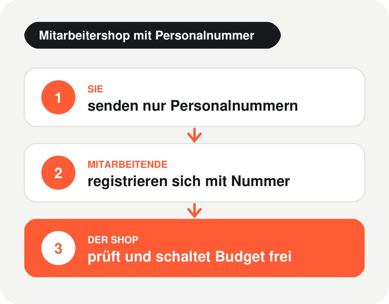 Ablauf Mitarbeitershop mit Personalnummer: Nummern senden, selbst registrieren, Budget wird freigeschaltet